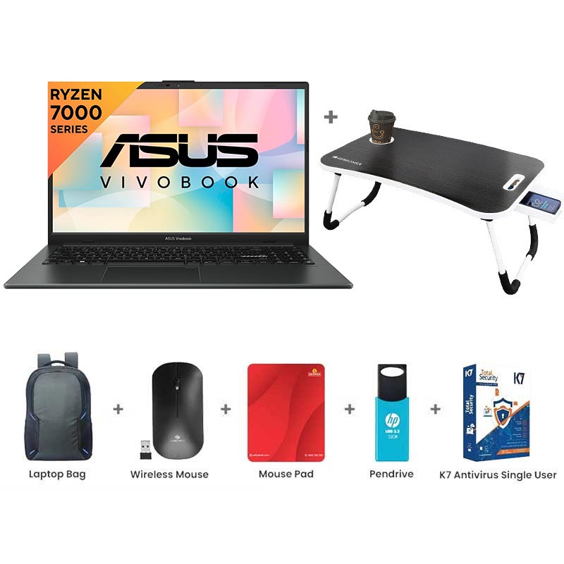 Picture of Asus Vivobook Go 15 - AMD Ryzen 5 7520U 15.6" (39.6cm) E1504FA-NJ5542WS Thin and Light Laptop (16GB/ 512GB SSD/ Full HD Display/ Windows 11 Home/ AMD Radeon Graphics/ Office Home 2024/ Mixed Black/ 1.63 Kg) with Laptop Table + Laptop Bag + Wireless Mouse + Mouse Pad + Pendrive + K7 Antivirus Single User